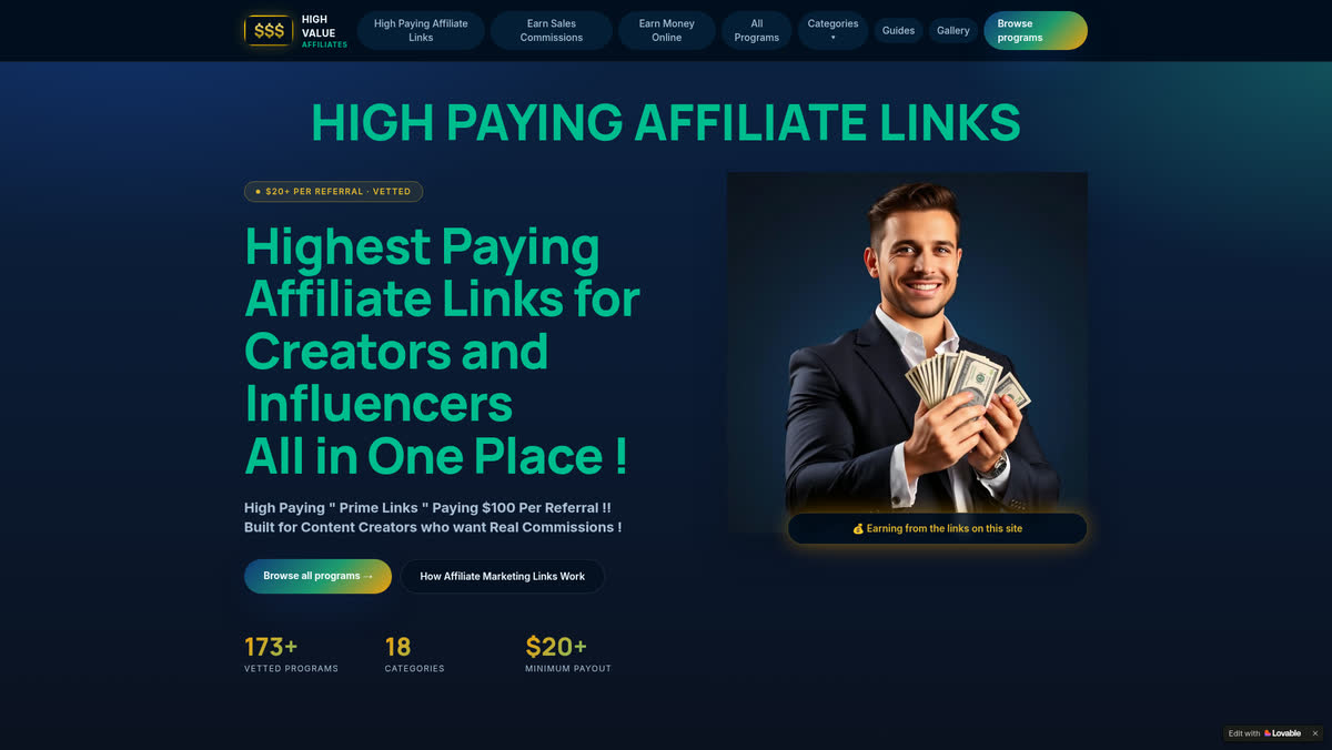 Home page screenshot of www.best-affilliate-links.com, the curated affiliate program directory designed and built by Creative Web Design and Development