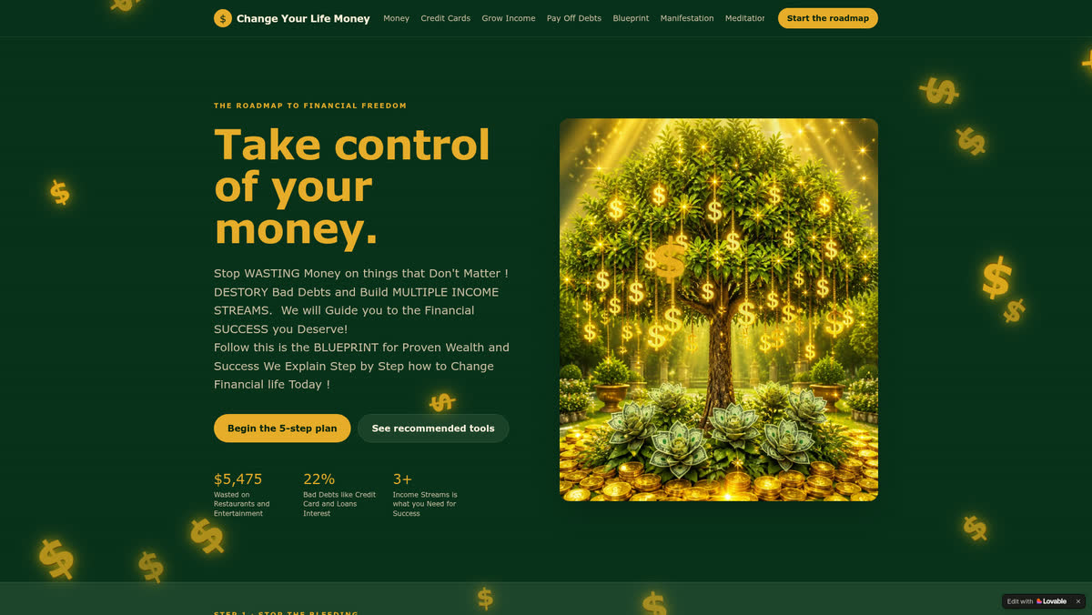 Home page screenshot of www.changeyourlife.money, the personal finance and money mindset site designed and built by Creative Web Design and Development