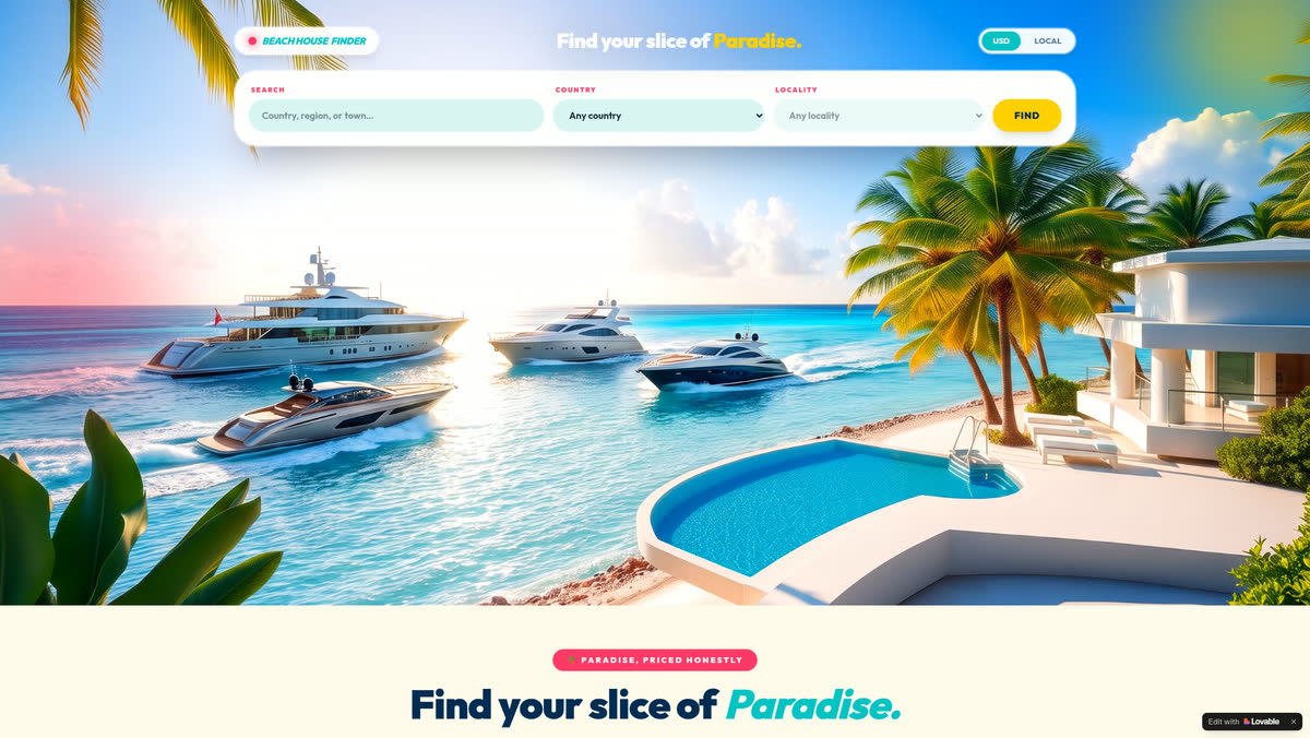 Home page screenshot of www.cheap-beach-house.com showing mapped affordable beach houses, designed and built by Creative Web Design and Development